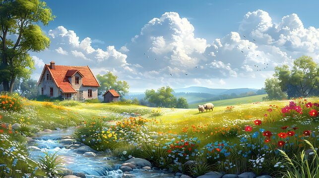 A serene countryside with gentle rolling fields, grazing sheep, and a charming farmhouse, with a small river and blooming wildflowers, under a bright sky with fluffy clouds,