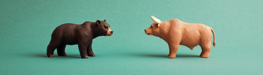 Fototapeta premium A playful depiction of a bear and bull figurine representing market trends in finance and investing.