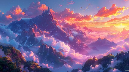 A towering mountain with a majestic castle at the summit, surrounded by floating clouds and flying dragons, vibrant and enchanting colors, a magical atmosphere with whimsical details, cartoon style,
