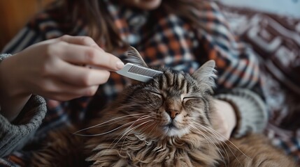 A woman is brushing the brown cat with a comb