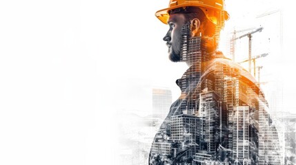 A man in a hard hat stands in front of a city skyline