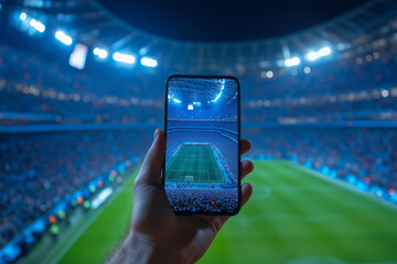 A fan captures the excitement of the stadium with a phone displaying a vibrant match scene under the bright lights