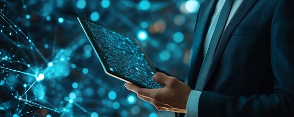 Blockchain technology, data encryption. Businessman using digital tablet with AI blockchain technology and data science, cloud computing, database management, innovative technology, Generative AI