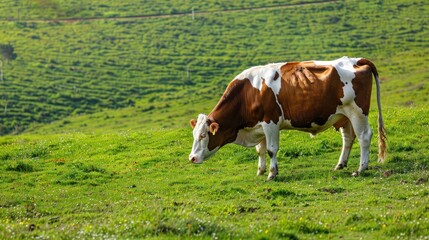 Naklejka premium Cow grazing in a green meadow.