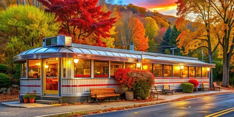 Cozy American diner with neon signage and autumn foliage, welcoming customers to a rustic eatery in Montgomery County, Pennsylvania, on a crisp fall morning.