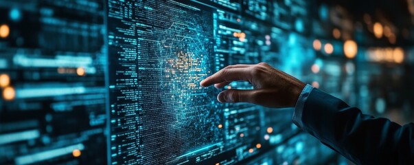 AI Artificial Intelligence, Data Science, Information technology concept. Businessman touching on AI machine learning on virtual screen with big data, Generative AI