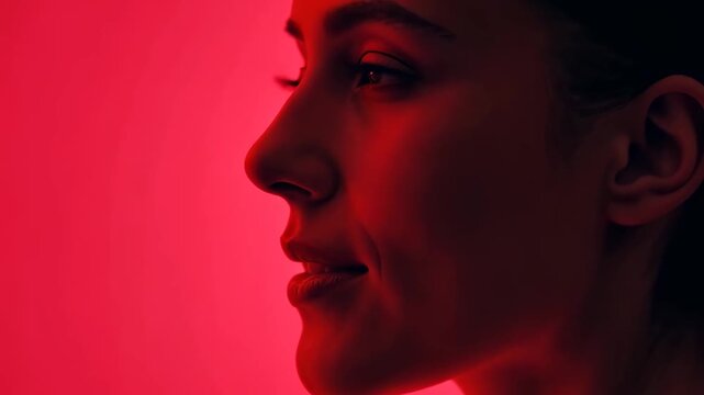 A woman's face is shown in a red background. The woman's face is the main focus of the image, and it is a close-up shot. The red background adds a sense of intensity and emotion to the image