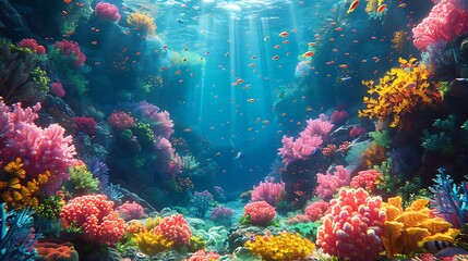 Naklejka premium A whimsical underwater world with vibrant coral reefs, schools of exotic fish, and a hidden mermaid city among the corals, sea plants swaying,