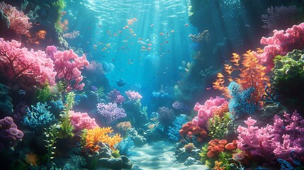 A whimsical underwater world with vibrant coral reefs, schools of exotic fish, and a hidden mermaid city among the corals, sea plants swaying,