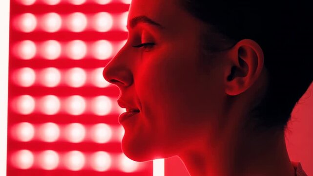 A woman's face is shown in a red background. The woman's face is in focus, and her mouth is closed. The image has a moody and mysterious feel to it, as if the woman is deep in thought or contemplation
