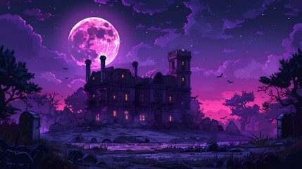 An eerie haunted mansion on a hill, with overgrown vines, twisted trees, and bats circling under a full moon, a ghostly and foreboding atmosphere, vibrant cartoon style, hd quality, natural look.