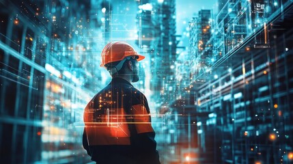 Industrial Worker Silhouette with Cityscape Overlay