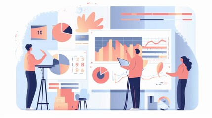 A group of people are working on a presentation with graphs and charts