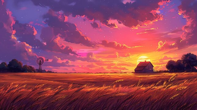 An enchanted wheat field with golden stalks swaying in the wind, a rustic barn and windmill silhouetted against a vibrant sunset, whimsical and serene ambiance, illustrated in a vibrant cartoon style,
