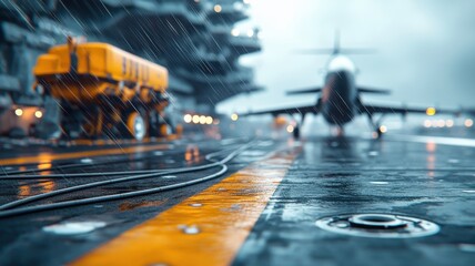 Close-up of aircraft carrier's flight deck with crew preparing aircraft.