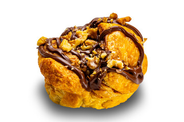 Chocolate butter bun. High angle view of delicious homemade chocolate butter bun isolated on white background with clipping path.