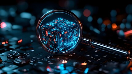 Fototapeta premium Magnifying Glass Examining Glowing Digital Cube.