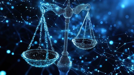 Digital Scales of Justice with Blue Glowing Network