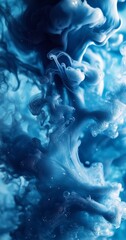 Fluid splash. Paint flow. Defocused cold blue color glowing acrylic ink water emulsion spill wave creative abstract art background, Generative AI