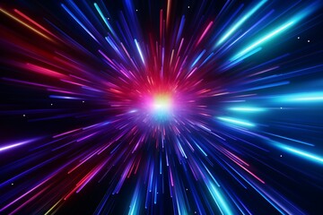 Naklejka premium Abstract Star Burst background, Neon Starburst background, Neon Sunburst Wallpaper, abstract background with bright light rays, dynamic Neon Lights wallpaper, Speed lights background, AI Generative