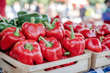 Heap Of Ripe Big Red Peppers At A Street Market. Peppers background with generative ai