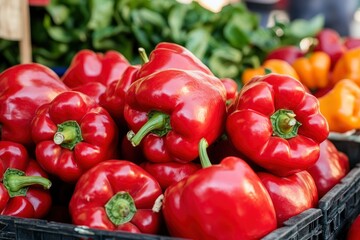 Heap Of Ripe Big Red Peppers At A Street Market. Peppers background with generative ai