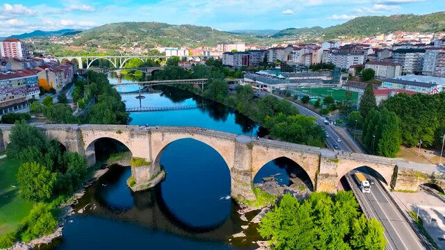 View of Ourense bridges, a city in northwestern Spain, known for its hot springs, Galicia