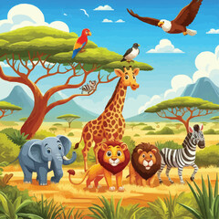 Obraz premium Cartoon wild animals in savannah African safari wildlife. vector