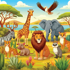 Naklejka premium Cartoon wild animals in savannah African safari wildlife. vector