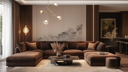 Interior of stylish living room with brown sofa and coffee table near beige wall