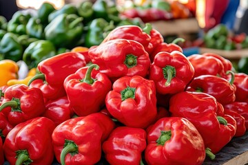 Heap Of Ripe Big Red Peppers At A Street Market. Peppers background with generative ai