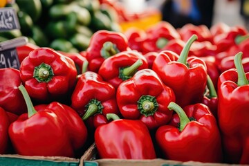 Heap Of Ripe Big Red Peppers At A Street Market. Peppers background with generative ai