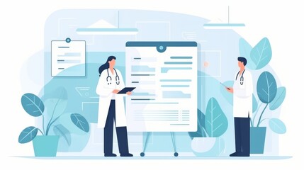 Two doctors are standing in front of a white board with a presentation on it