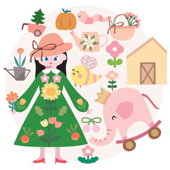 child and cat, Girl in the garden, set of christmas icons, Set of nature element , cute stickers, love nature, 2025, happy Christmas, cute girl