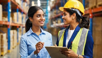 Warehouse manager talking with logistics employee in warehouse, planning transport of products, talking shipping process.