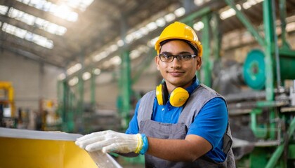 Young man with Down syndrome working in industrial factory, social integration concept.