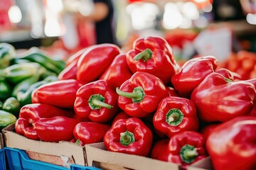 Heap Of Ripe Big Red Peppers At A Street Market. Peppers background with generative ai
