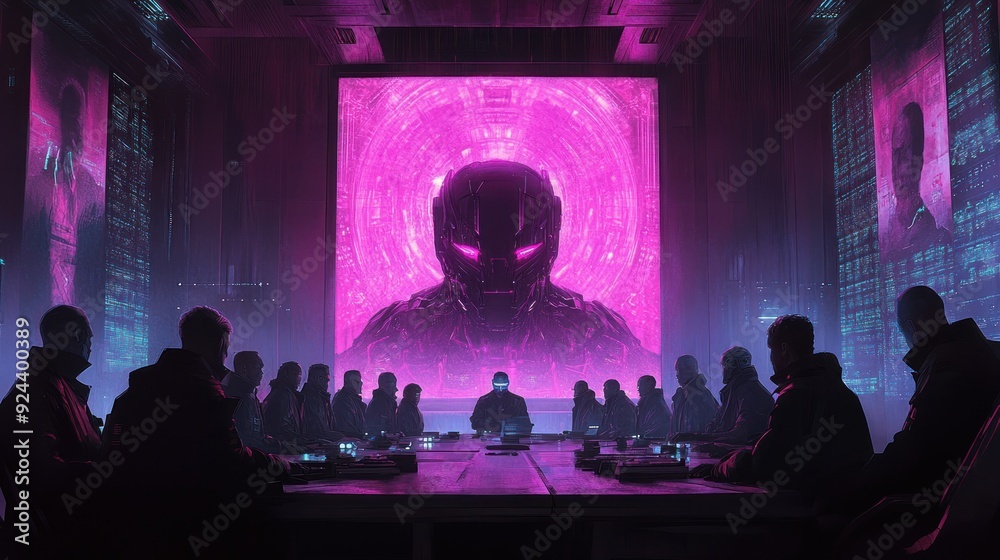 Poster silhouetted figures gathered around a table, with a large screen displaying a humanoid figure in a p