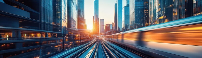 A highspeed train passing through a futuristic business city, with towering skyscrapers in the background