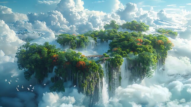 Surreal floating islands connected by wooden bridges, with waterfalls cascading into the sky, lush greenery and vibrant flowers covering the islands, fantastical creatures flying around,