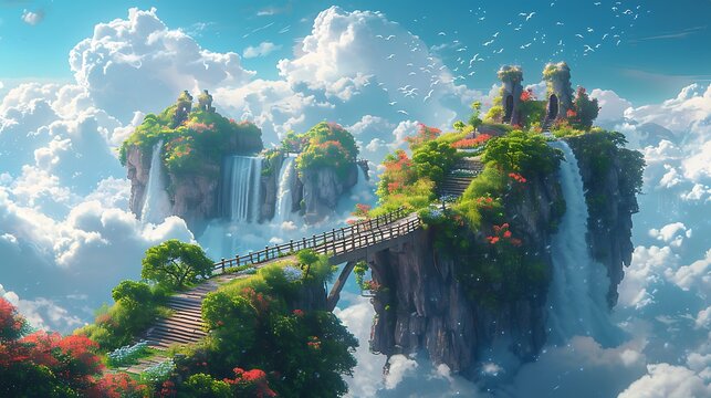 Surreal floating islands connected by wooden bridges, with waterfalls cascading into the sky, lush greenery and vibrant flowers covering the islands, fantastical creatures flying around,