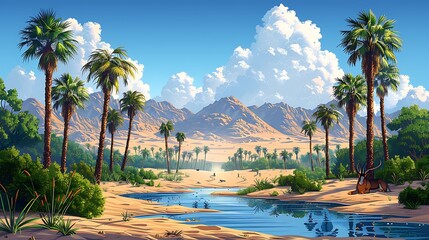 Obraz premium Vibrant desert oasis with a sparkling lagoon, tall palm trees, and exotic animals like gazelles and parrots, under a bright blue sky with fluffy clouds, a magical and serene atmosphere,