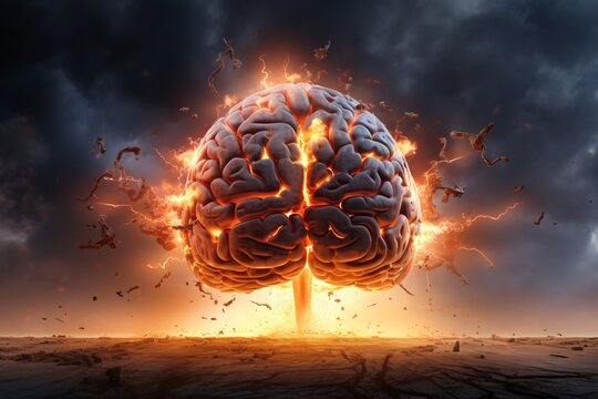 Concept of a human brain exploding with knowledge, Brainpower Wallpaper, 3D Brain, AI Generative