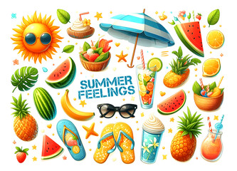  summer vibe with our vibrant icons featuring beach essentials, juicy fruits, cocktails, sunglasses,and chaise lounges. Ideal for infusing a fun, sunny atmosphere into your creative projet