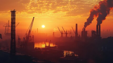 A sprawling industrial complex at sunset, with cranes and conveyor belts silhouetted against the sky