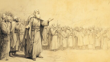 Fototapeta premium Deuteronomy's Dedication: Prayer for covenant renewal. Biblical illustration with beige background for Bible wall art.