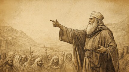 Fototapeta premium Deuteronomy's Drive Out Nations: Moses pointing towards Promised Land. Biblical illustration with beige background for Bible wall art.