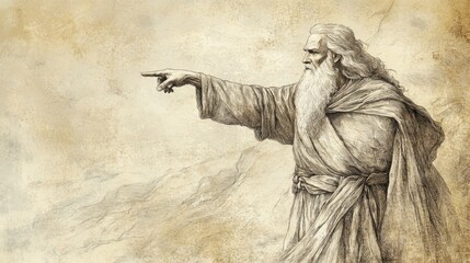 Fototapeta premium Moses Pointing to Promised Land, Teaching Rewards and Consequences of Obedience, Deuteronomy Biblical Illustration, Bible Wall Art, Beige Background