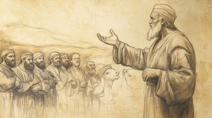 Fototapeta premium Deuteronomy's Ox Law: Moses teaching not to muzzle ox treading grain. Biblical illustration with beige background for Bible wall art.