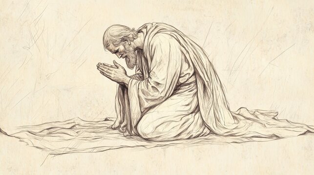 Moses Kneeling in Prayer, Seeking God's Help for Israelites' Faithfulness, Deuteronomy Biblical Illustration, Bible Wall Art, Beige Background
